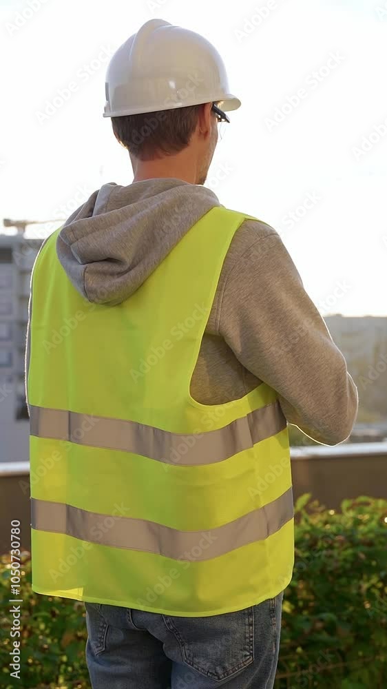 Man an architect or engineer wearing safety hard hat and vest holding blueprint and looking to construction site at sunrise, back vertical view. Architecture and engineering Man an architect or engineer wearing safety hard hat and vest holding blueprint and looking to construction site at sunrise, back vertical view. Architecture and engineering