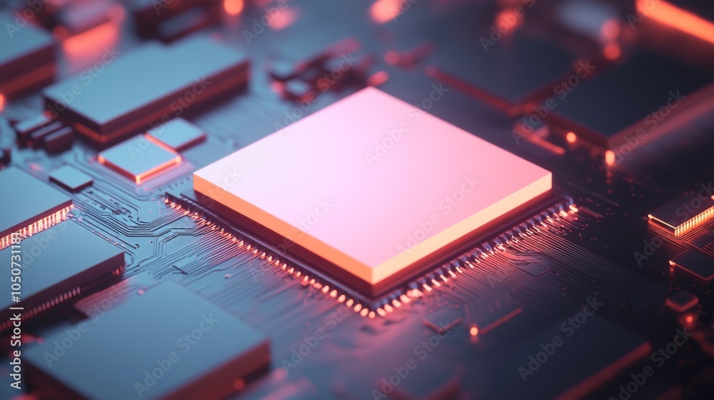 Closeup of a glowing pink CPU processor on a circuit board. Closeup of a glowing pink CPU processor on a circuit board.