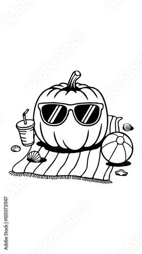 A vector-based, clean, flat, black, and white illustration of a halloween pumpkin wearing sunglasses, sitting on a beach towel, and holding a drink. Generative AI