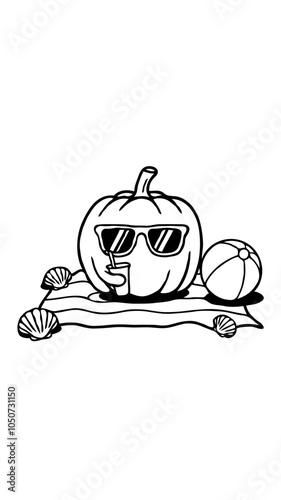 A vector-based, clean, flat, black, and white illustration of a halloween pumpkin wearing sunglasses, sitting on a beach towel, and holding a drink. Generative AI