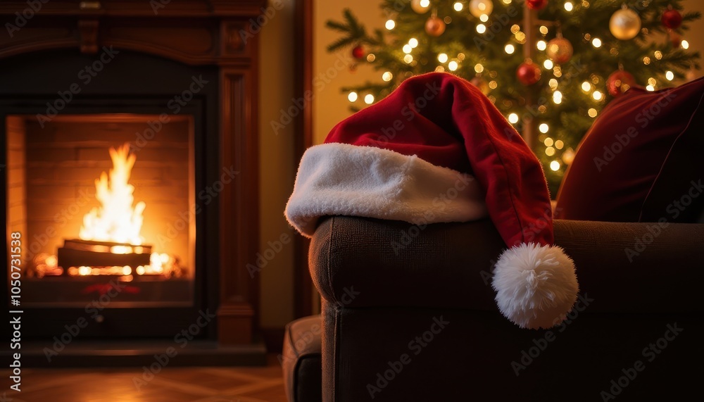 Santa hat on cozy armchair near fireplace and Christmas tree
Santa hat on cozy armchair near fireplace and Christmas tree