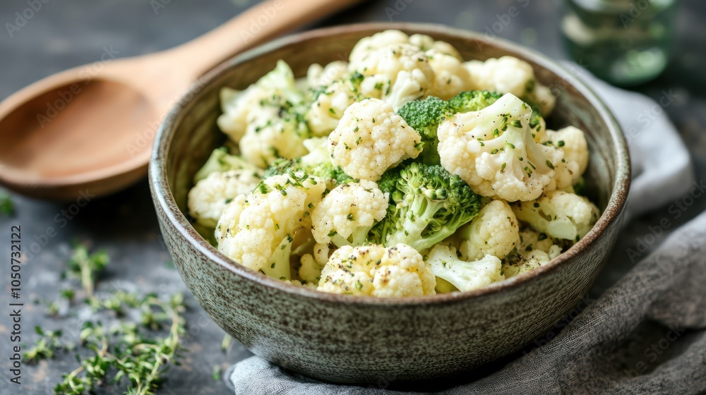 Rustic Bowl of Fresh Cauliflower and Broccoli Florets