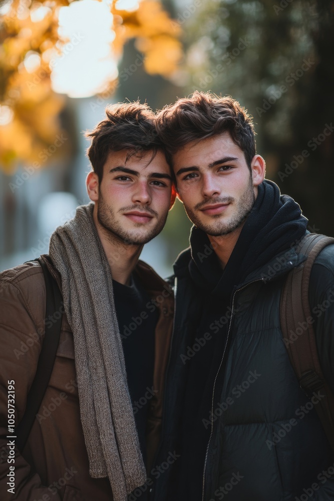 Young gay man standing with his lover, Generative AI Young gay man standing with his lover, Generative AI