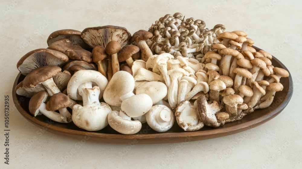 Rustic Platter of Assorted Mushrooms in Natural Light Rustic Platter of Assorted Mushrooms in Natural Light