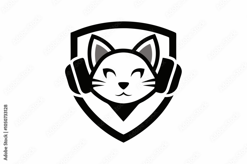 Obraz premium Cat head with headphone mascot vector logo design vector illustration with shield on white