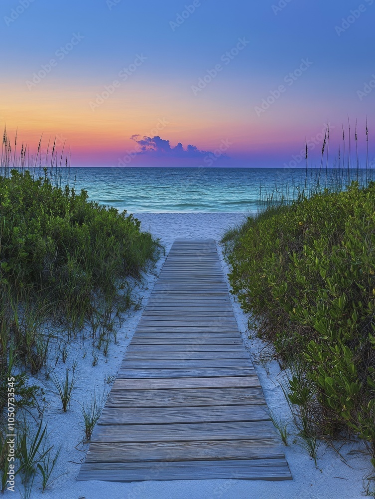 Fototapeta premium Wooden Boardwalk Leading to a Tropical Beach Sunset