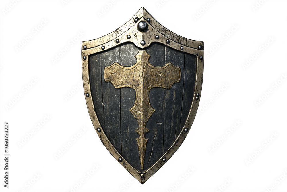 An antique metal shield with an engraved cross and weathered texture in black and gold giving a rugged medieval look symbolizing protection
An antique metal shield with an engraved cross and weathered texture in black and gold giving a rugged medieval look symbolizing protection