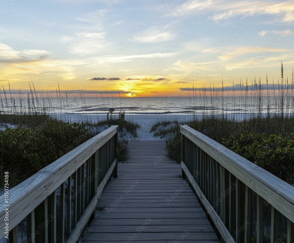 Fototapeta premium Stunning Sunset Over Beach With Wooden Walkway