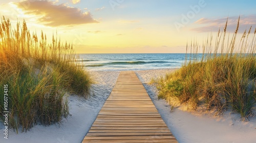Stunning Beach Sunset with Wooden Walkway and Ocean View
