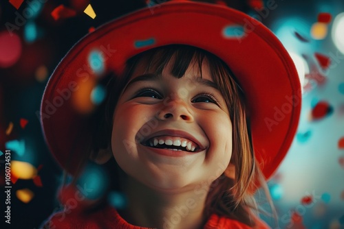 Joyful Child Smiling with Colorful Confetti Around photo