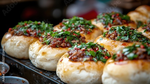 A close-up of Chinese meat-filled buns (rou jia mo) with slow-cooked pork and cilantro, served from a street vendor, emphasizing its crispy bread and juicy filling. photo