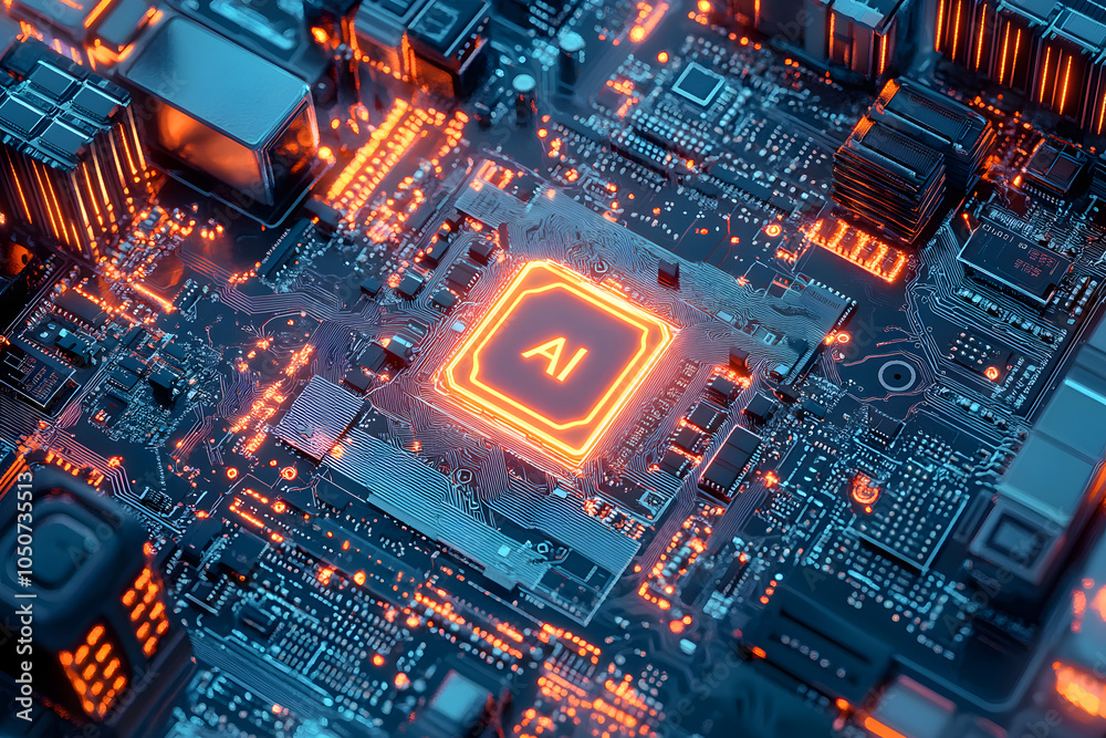 A computer motherboard with a state-of-the-art AI processor. AI generative. A computer motherboard with a state-of-the-art AI processor. AI generative.