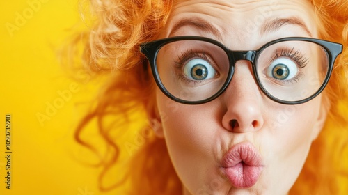 Playful expression with wide eyes and puckered lips against a vibrant yellow background, AI