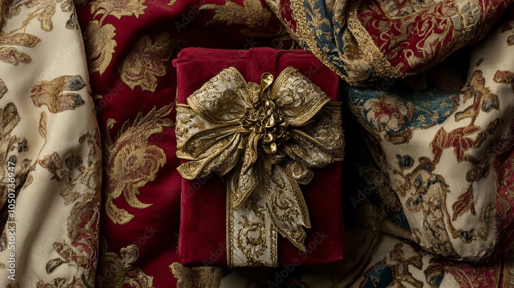 Luxurious red and gold woven blanket with intricate patterns, draped over a cozy armchair. Luxurious red and gold woven blanket with intricate patterns, draped over a cozy armchair.