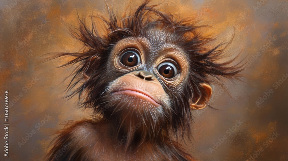 Young chimpanzee with wide eyes and messy hair against a warm, textured background, AI Young chimpanzee with wide eyes and messy hair against a warm, textured background, AI