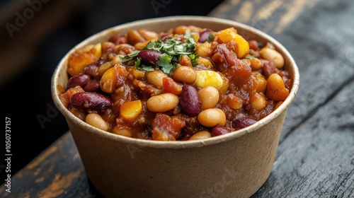 A close-up of samp and beans (umngqusho), a South African street food favorite, served in a paper bowl, highlighting its hearty texture and earthy flavors. photo