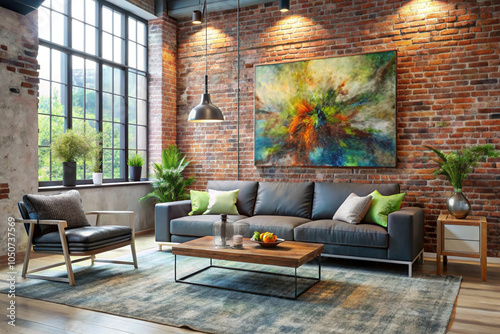 Modern Loft Apartment Interior with Exposed Brick Walls and Abstract Artwork