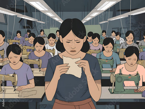 An illustration of a factory setting with rows of workers where a mother is discreetly looking at a small, worn piece of paper, which could be a low-wage pay slip. 