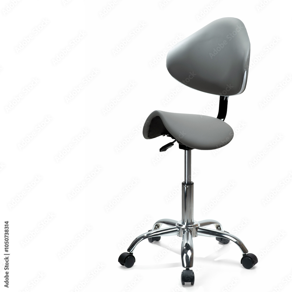 Grey saddle chair with backrest on casters. Isolated on white background. Ergonomic lab chair. Grey saddle chair with backrest on casters. Isolated on white background. Ergonomic lab chair.