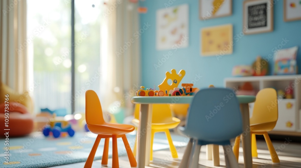 A colorful playroom with a table and chairs, toys, and a rug. A colorful playroom with a table and chairs, toys, and a rug.