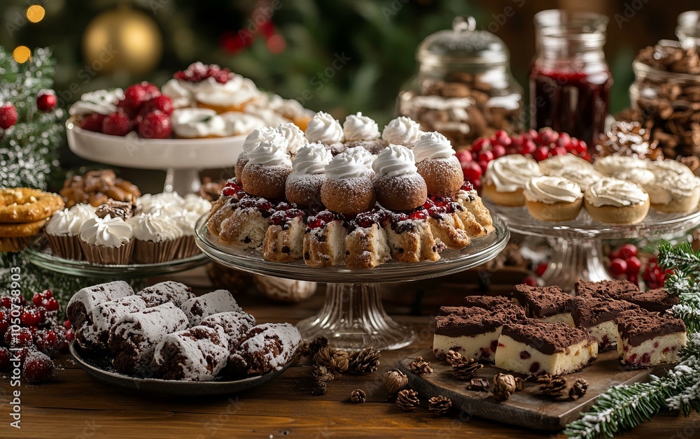 Naklejka premium An assortment of colorful desserts displayed on a wooden table, featuring cakes, pastries, and fruit tarts.