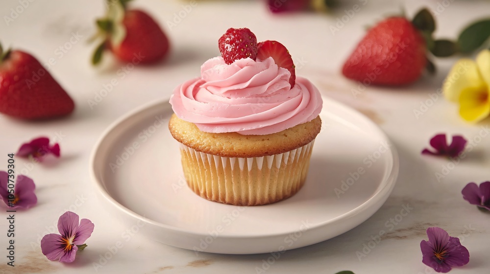 Strawberry cupcake with pink strawberry buttercream frosting, isolated on a white porcelain plate, surrounded by fresh strawberries and edible flower petals Strawberry cupcake with pink strawberry buttercream frosting, isolated on a white porcelain plate, surrounded by fresh strawberries and edible flower petals