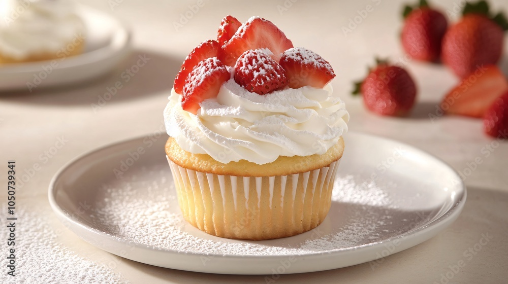 Strawberry shortcake cupcake with whipped cream frosting, placed on a white porcelain plate, topped with fresh strawberries and a dusting of powdered sugar Strawberry shortcake cupcake with whipped cream frosting, placed on a white porcelain plate, topped with fresh strawberries and a dusting of powdered sugar
