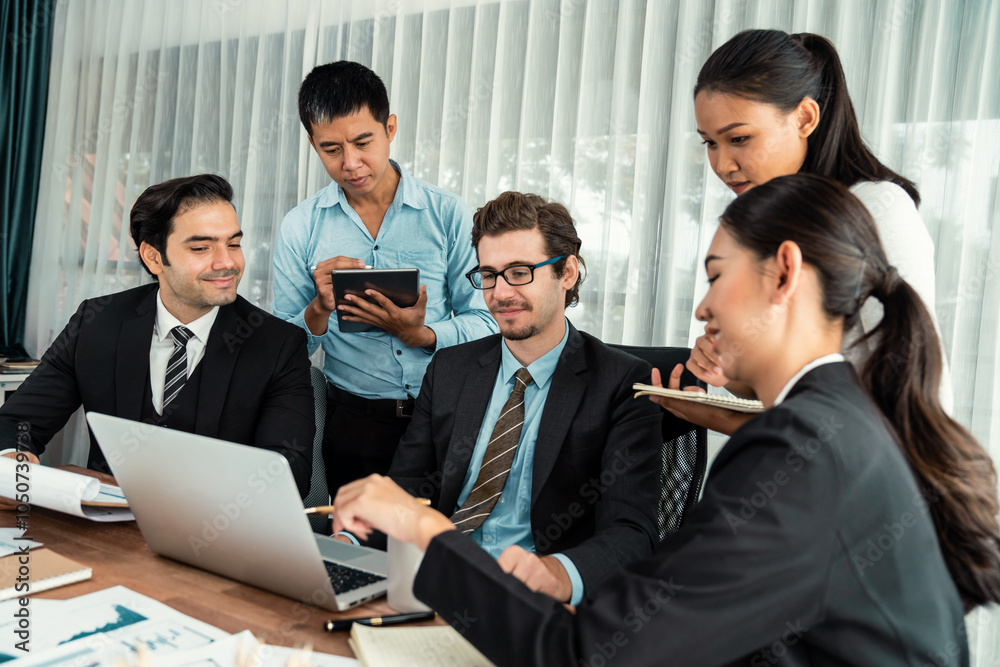 Diverse group of business analyst team analyzing financial data report paper on office table. Chart and graph dashboard by business intelligence analysis for strategic marketing planning Habiliment Diverse group of business analyst team analyzing financial data report paper on office table. Chart and graph dashboard by business intelligence analysis for strategic marketing planning Habiliment