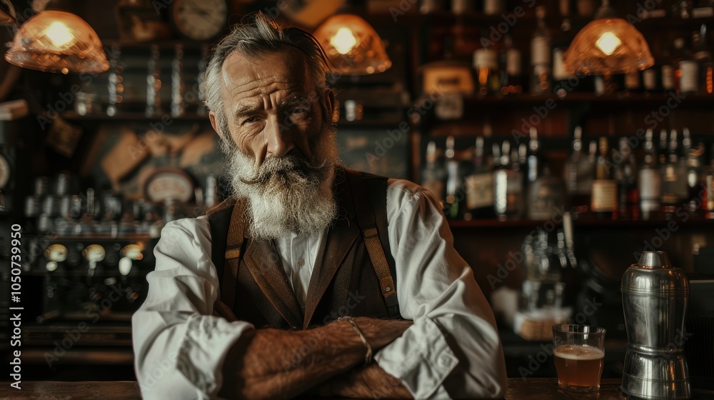 An old male bartender with a white beard and classic attire, standing in a rustic bar. The warm lighting creates a nostalgic atmosphere.