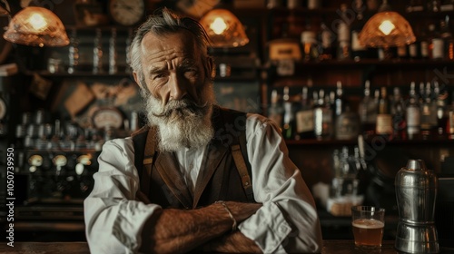 Obraz na płótnie An old male bartender with a white beard and classic attire, standing in a rustic bar. The warm lighting creates a nostalgic atmosphere. w salonie