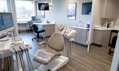 Modern dental clinic interior with treatment area and equipment.
