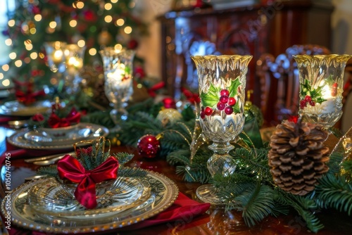 Elegant Christmas table setting with festive decorations and a lit Christmas tree in the background.