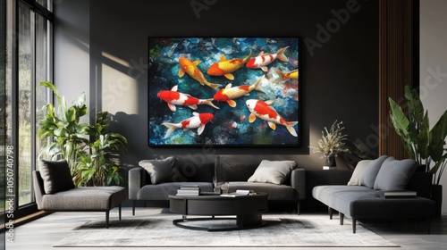 Colorful koi fish swimming in a pond tile