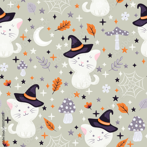 Seamless pattern Halloween theme. Cute spooky cat with witch hat and amanita mushrooms. Vector illustration.