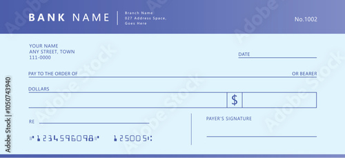 Blue modern bank cheque checkbook. money draft voucher