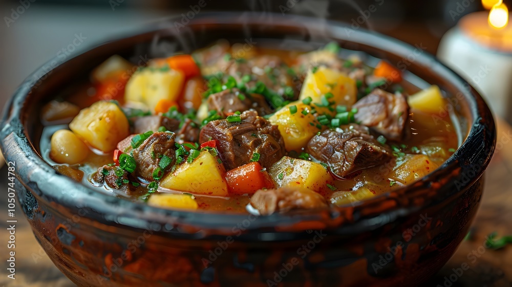 Classic Beef Stew in a Rustic Clay Pot with Fresh Herbs and Steaming Hot Broth Classic Beef Stew in a Rustic Clay Pot with Fresh Herbs and Steaming Hot Broth