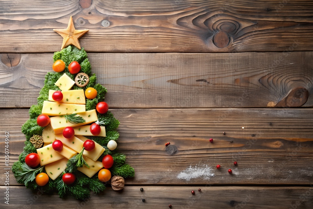 christmas tree made of variety of cheese on wooden background with copyspace christmas tree made of variety of cheese on wooden background with copyspace