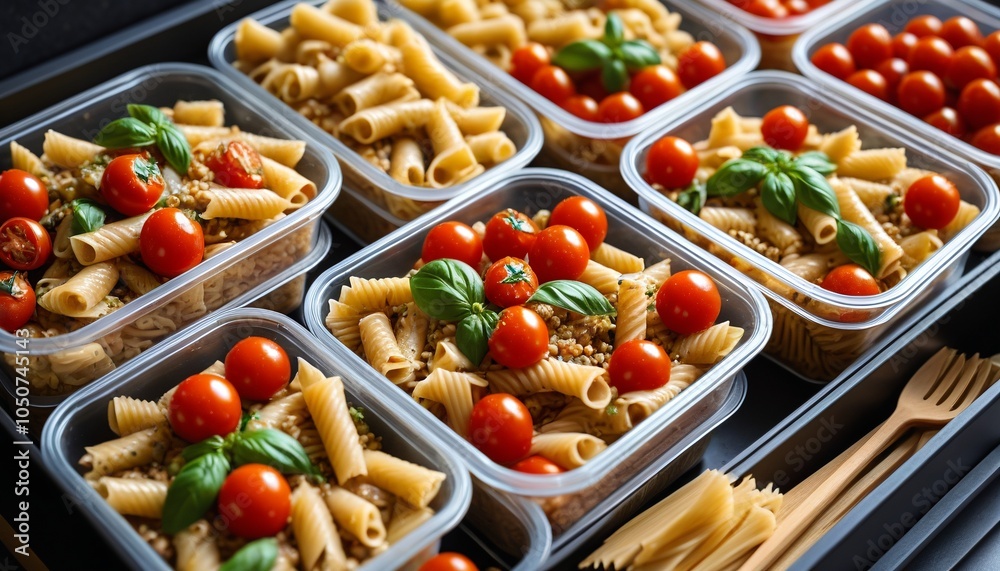 A wholesome setup of whole grain pasta with cherry tomatoes and basil in meal prep containers, perfect for quick lunches, Generative AI