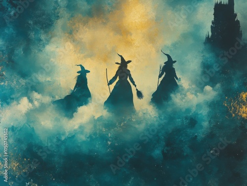 Witches in a foggy sky with a castle in the background photo