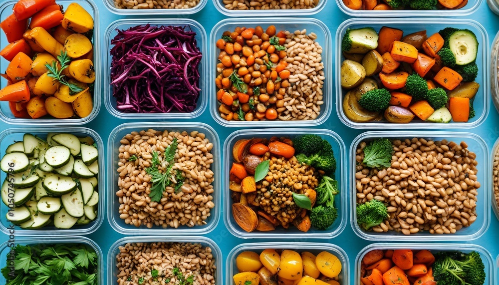 A colorful display of farro bowls topped with roasted vegetables and herbs in meal prep containers, perfect for nutritious lunches, Generative AI A colorful display of farro bowls topped with roasted vegetables and herbs in meal prep containers, perfect for nutritious lunches, Generative AI