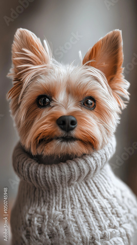 Yorkshire terrier wearing cozy sweater indoors