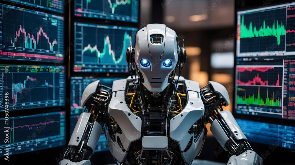 A humanoid robot with glowing eyes in front of financial charts, representing AI-driven stock analysis, automated trading, and finance technology A humanoid robot with glowing eyes in front of financial charts, representing AI-driven stock analysis, automated trading, and finance technology