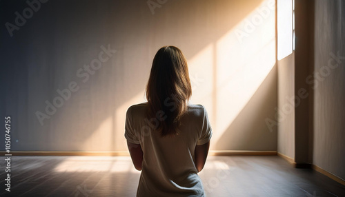 A woman standing alone in a minimalist, sunlit room, with sunlight creating soft shadows on the floor and walls. The image conveys solitude, serenity, and a contemplative mood, perfect for themes of p