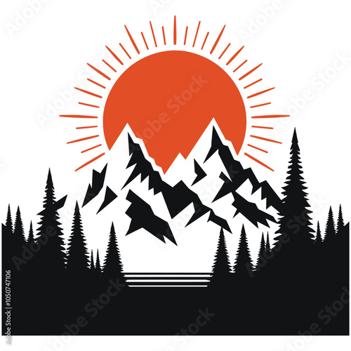 Mountain landscape silhouette with sun vector art, black and orange, ideal for wall decor
