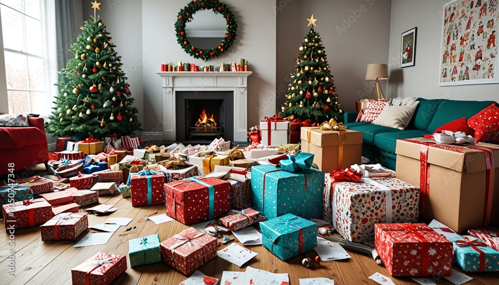 A living room scattered with remnants of Christmas joy, showcasing piles of colorful wrapping paper and boxes, highlighting the fun and mess of the holiday season, Generative AI A living room scattered with remnants of Christmas joy, showcasing piles of colorful wrapping paper and boxes, highlighting the fun and mess of the holiday season, Generative AI