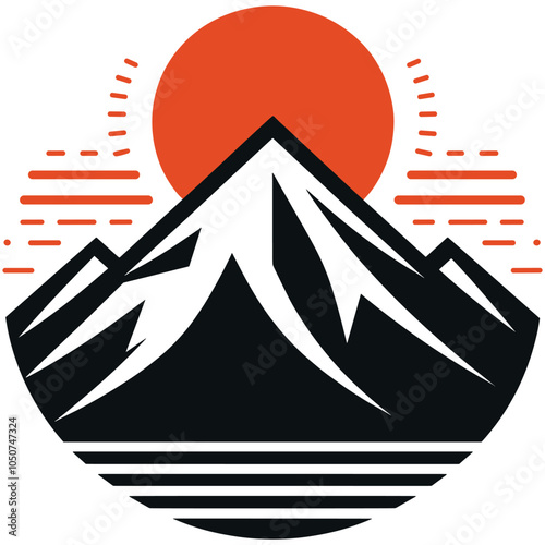 Stylized mountain landscape logo, black and orange, vector art, minimalist branding icon photo