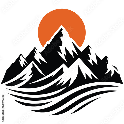 Stylized mountain illustration, monochrome with orange sun, symbolic nature design