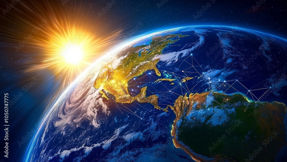 Earth from Space with an Abstract Network Grid Overlay Representing Global Connectivity and Data Flow Earth from Space with an Abstract Network Grid Overlay Representing Global Connectivity and Data Flow