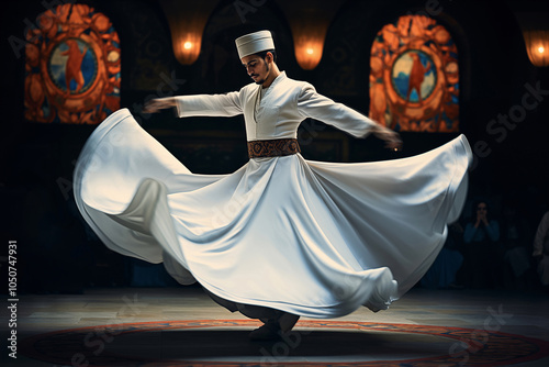 Whirling dervish performing Sufi dance in traditional white attire photo