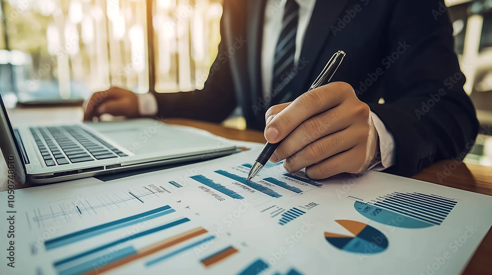 Businessman analyzing financial graphs and charts at a desk, highlighting data-driven decisions and market insights. Businessman analyzing financial graphs and charts at a desk, highlighting data-driven decisions and market insights.